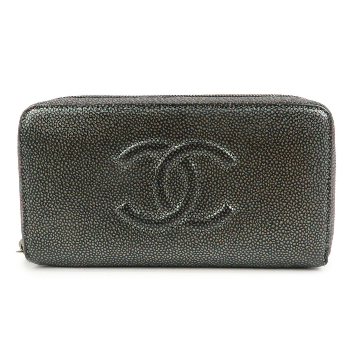 CHANEL COCO Mark Caviarskin Round Zippy Wallet Metallic Gray