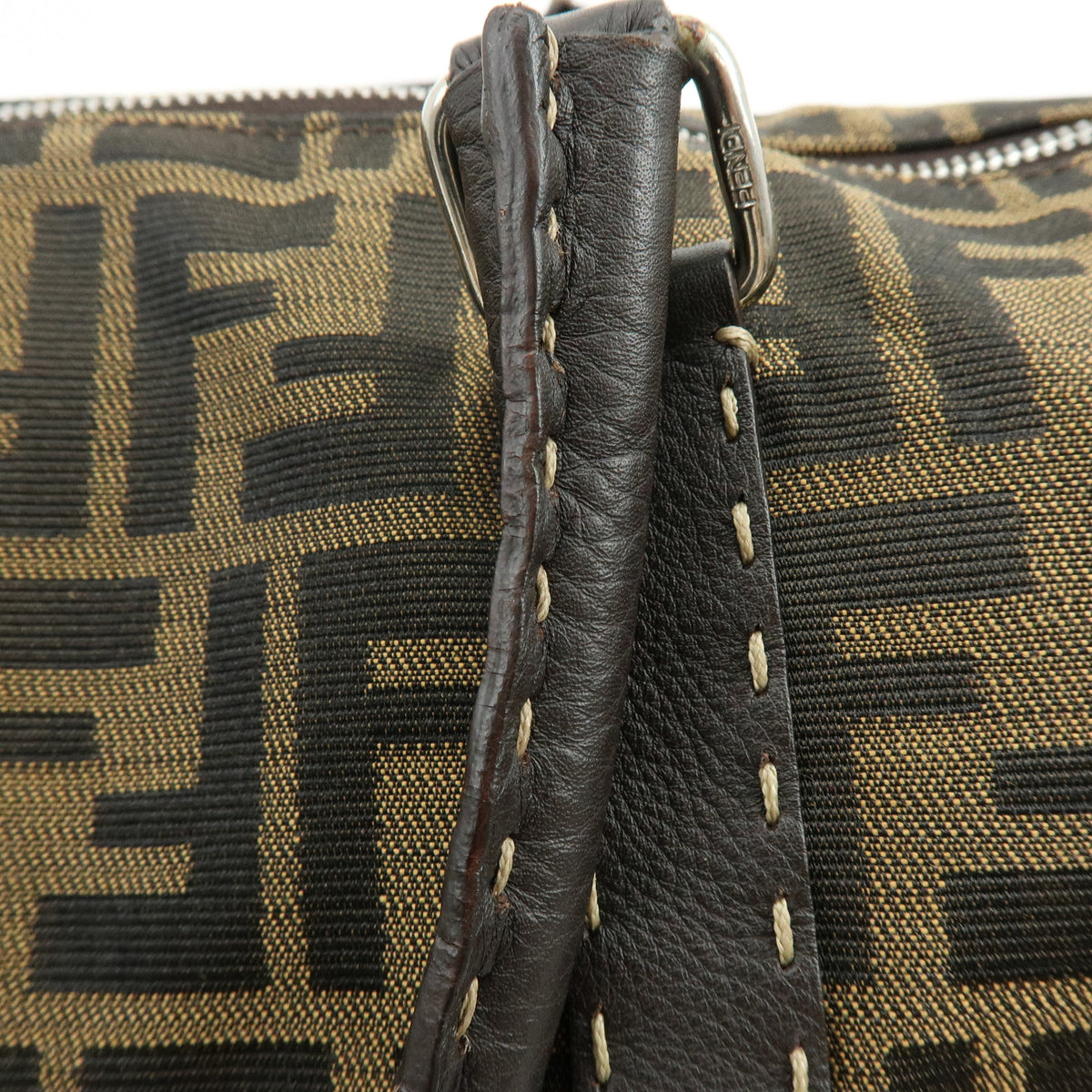 FENDI Zucca Selleria Jacquard Leather Shoulder Bag Boston Bag Brown