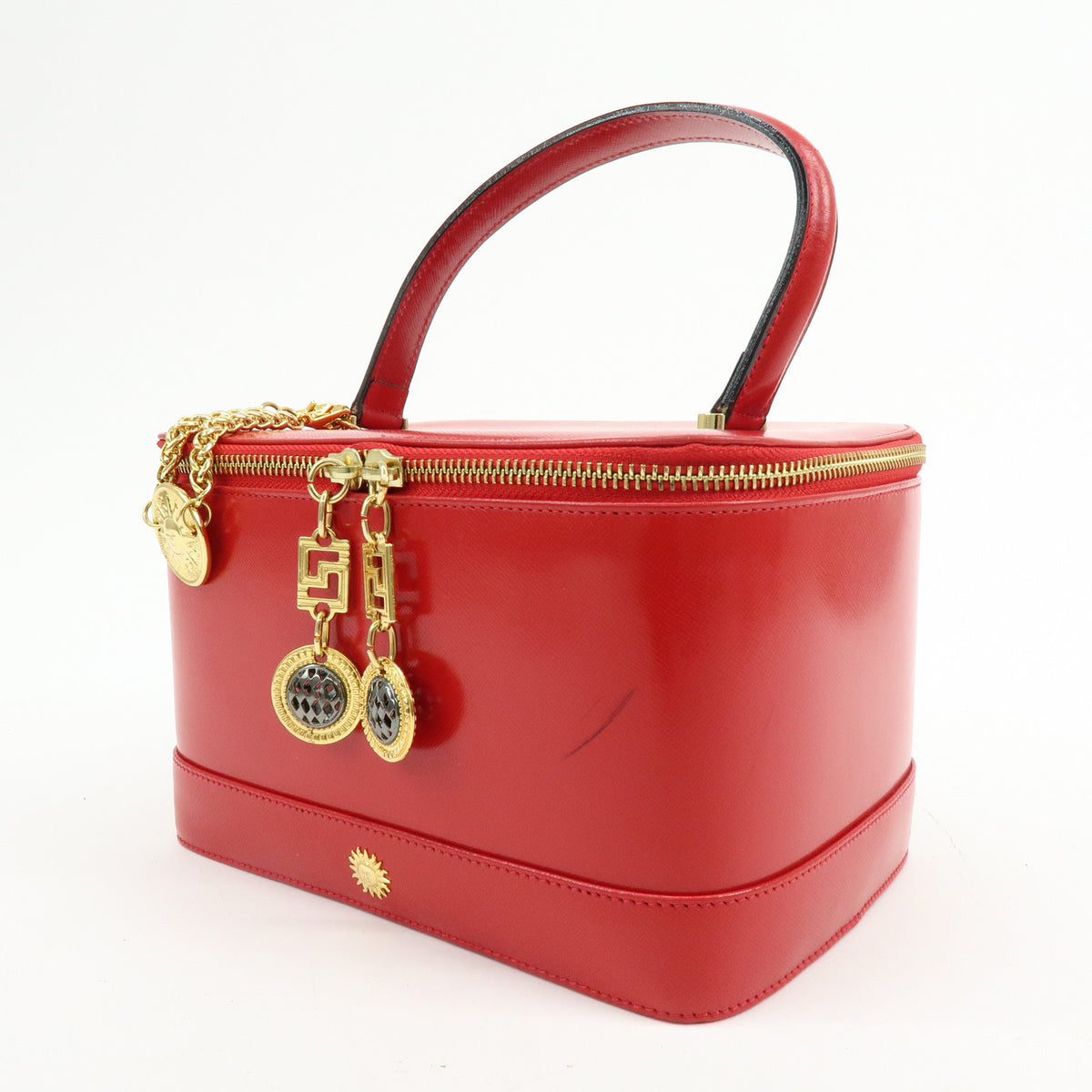GIANNI VERSACE Leather Hand Bag Vanity Case Sunburst Charm Red