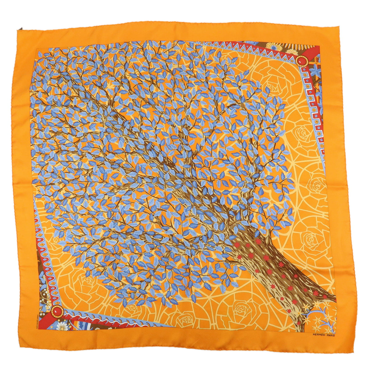 HERMES Carre 90 Silk 100% Scarf AXIS MUNDI Orange Blue Brown