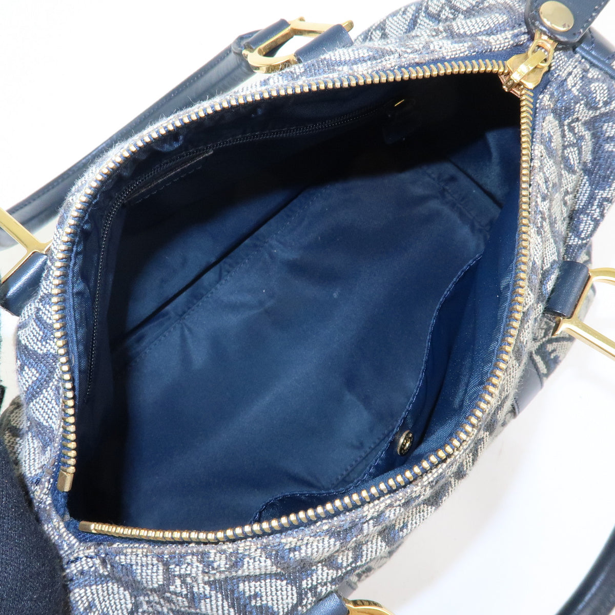 Christian Dior Trotter Jacquard Canvas Leather Boston Bag Hand Bag Navy