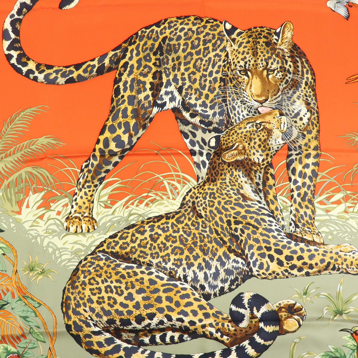 HERMES Carre 90 Silk 100% Scarf JUNGLE LOVE Red Green Ivory