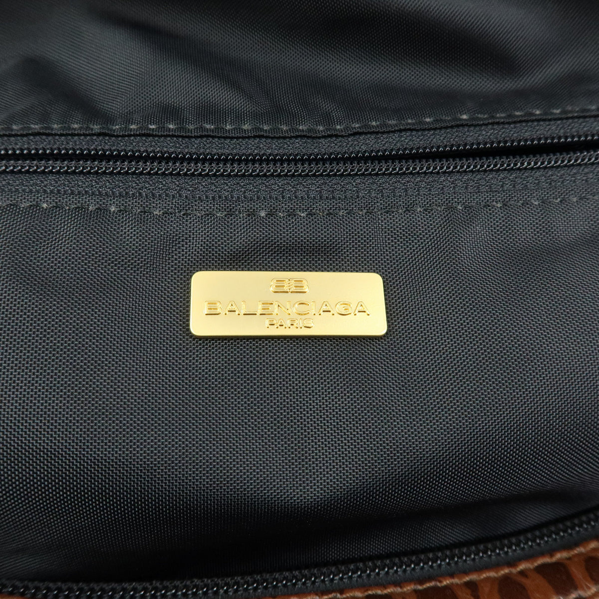 BALENCIAGA Nylon Embossed Leather Boston Bag Black Brown