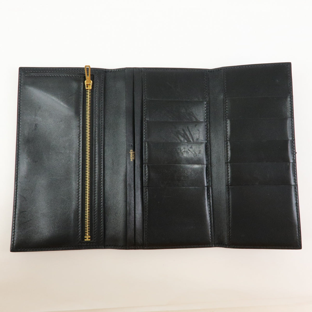 HERMES Bearn Leather Bi-fold Long Wallet □I Stamped Black Gold