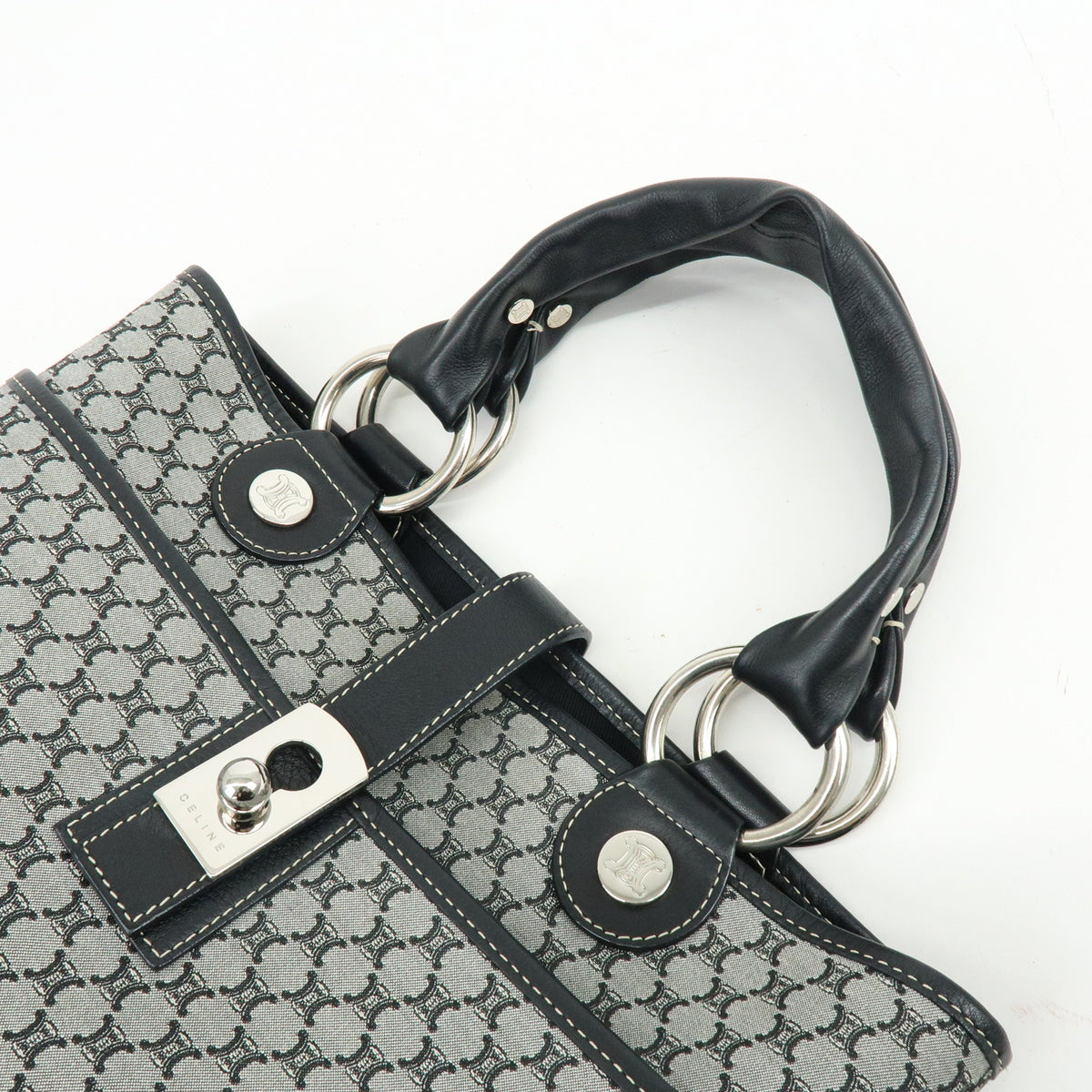 CELINE Macadam Canvas Leather Tote Bag Hand Bag Grey Black