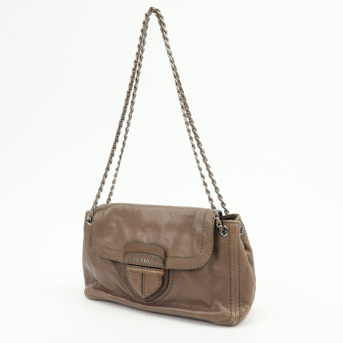 PRADA Logo Leather Flap Chain Shoulder Bag Hand Bag Greige B4659C