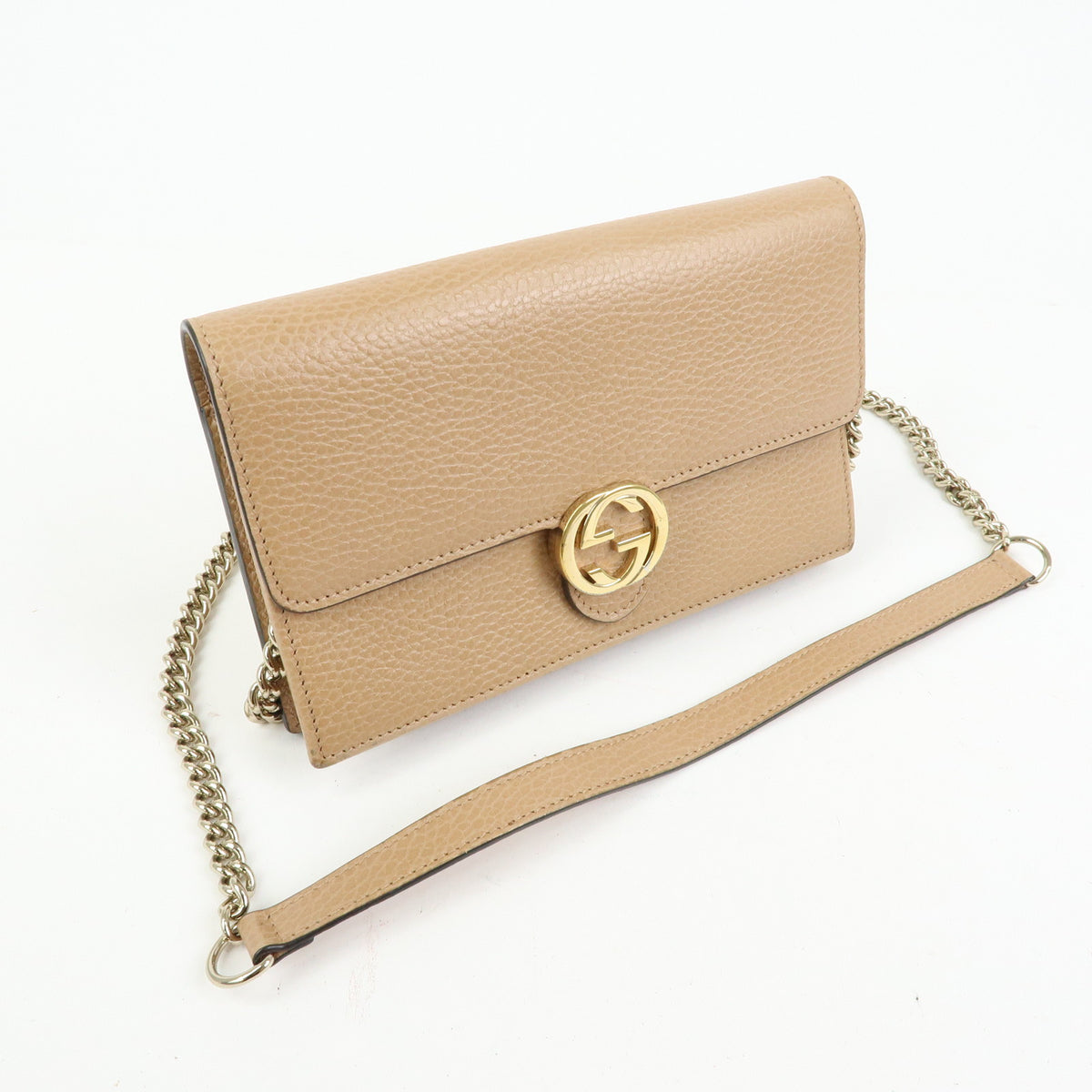GUCCI Interlocking G Leather Chain Wallet Shoulder Bag Beige 510314