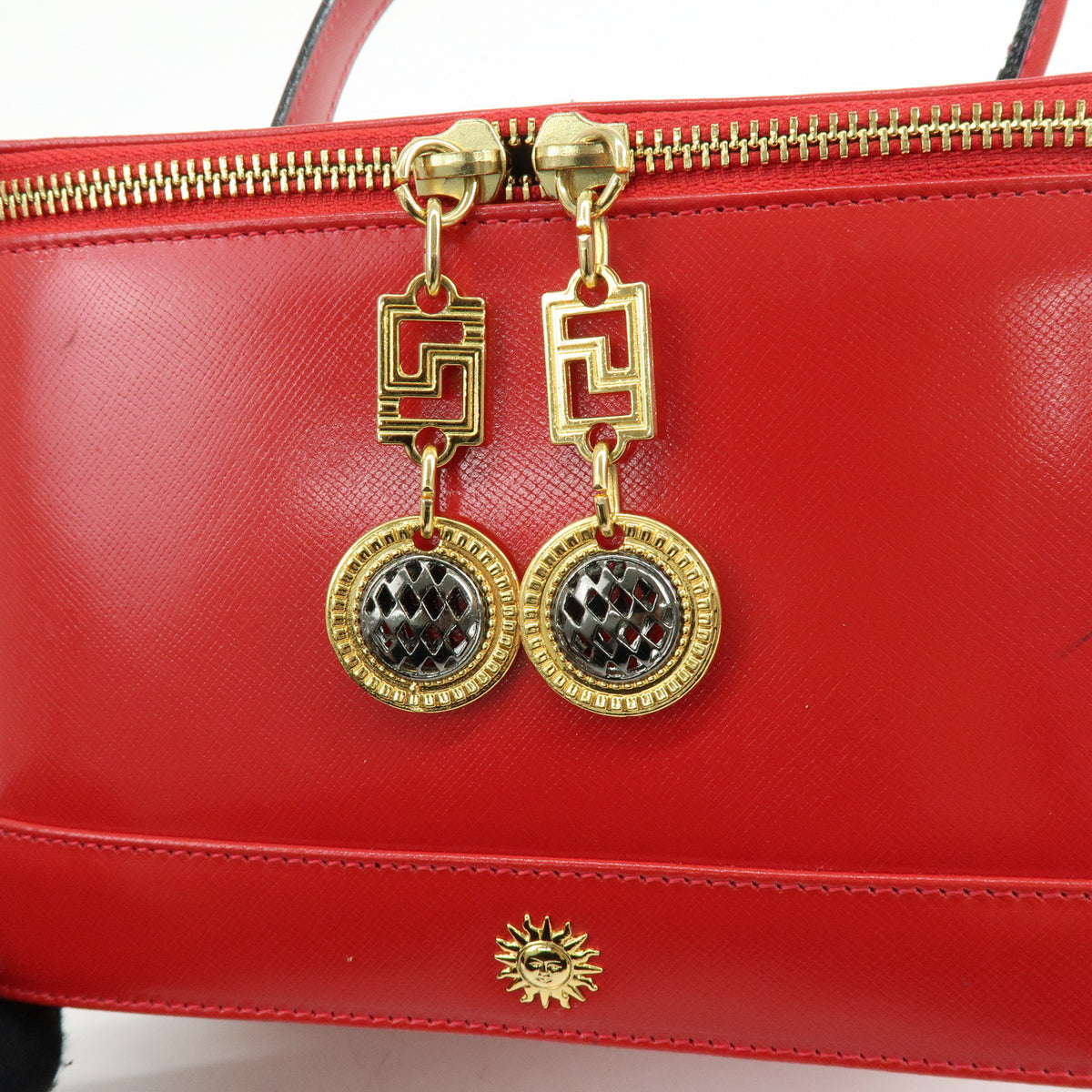 GIANNI VERSACE Leather Hand Bag Vanity Case Sunburst Charm Red