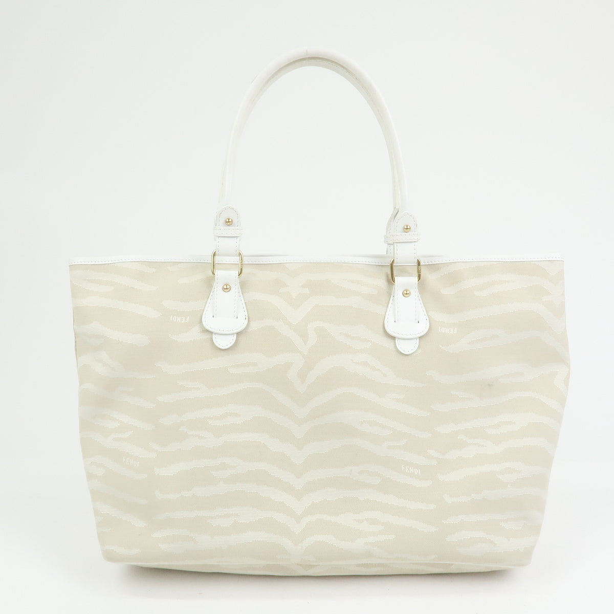 FENDI Canvas Leather Zebra Pattern Tote Bag Hand Bag Beige White 8BH115