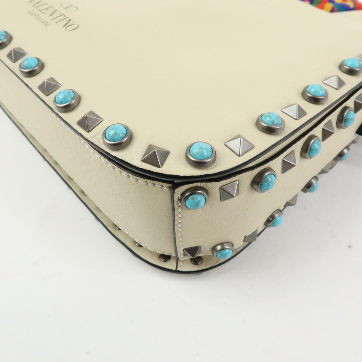 VALENTINO Rockstuds Rolling Guitar Strap Leather Shoulder Bag Ivory