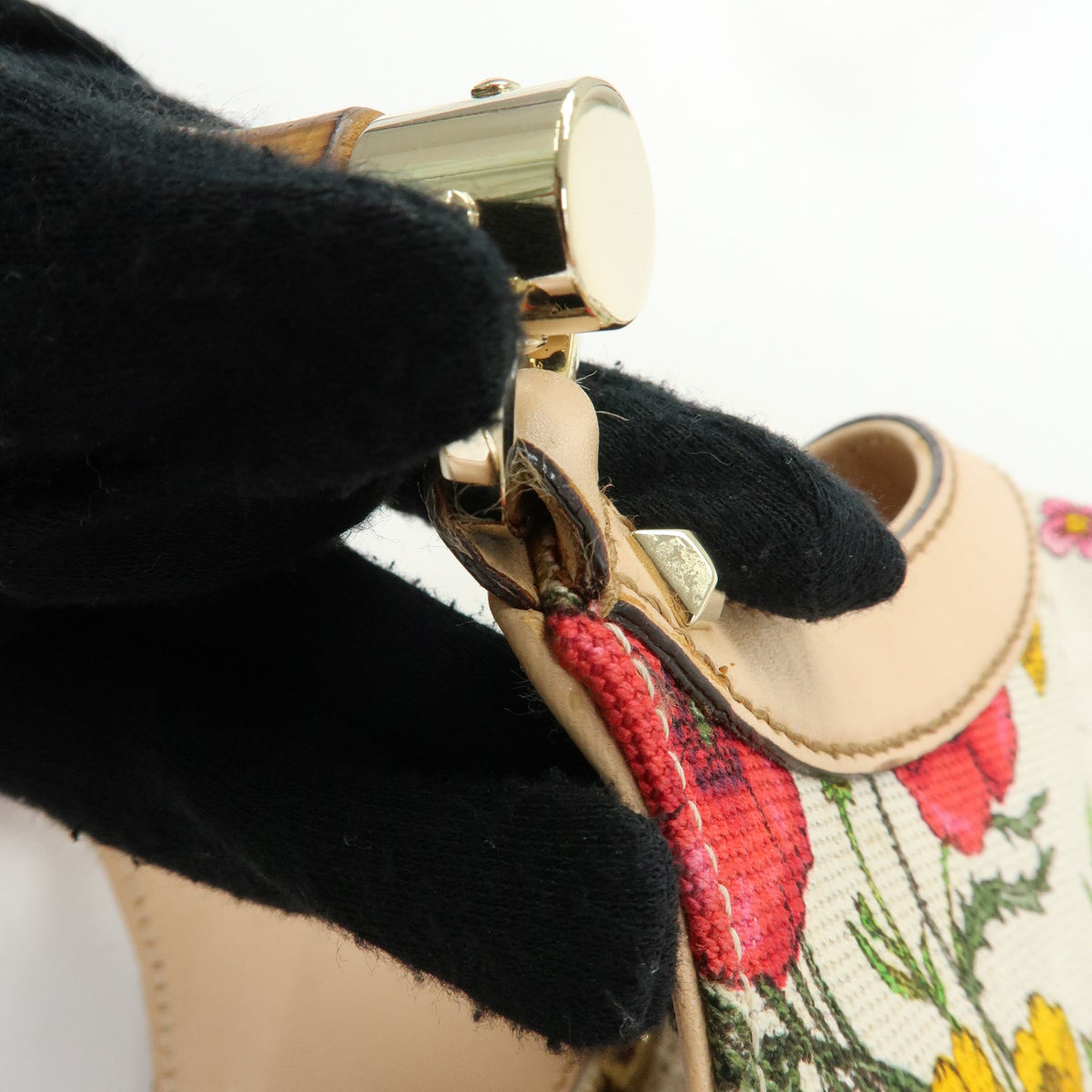 GUCCI Flora Bamboo Canvas Leather Shoulder Bag Hand Bag 137395