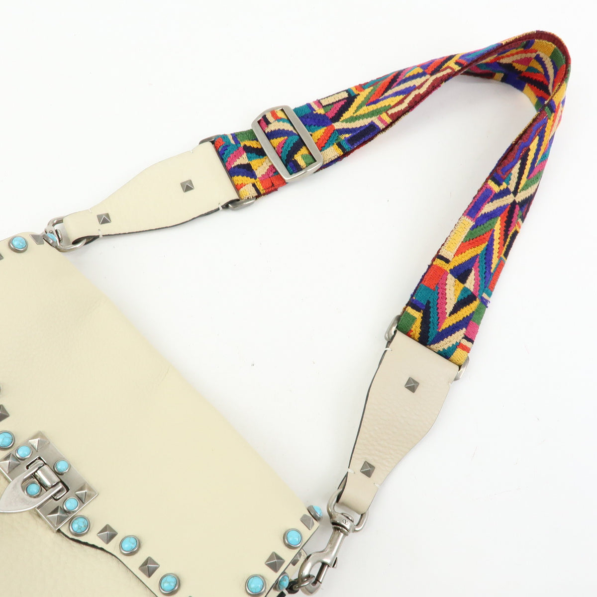 VALENTINO Rockstuds Rolling Guitar Strap Leather Shoulder Bag Ivory