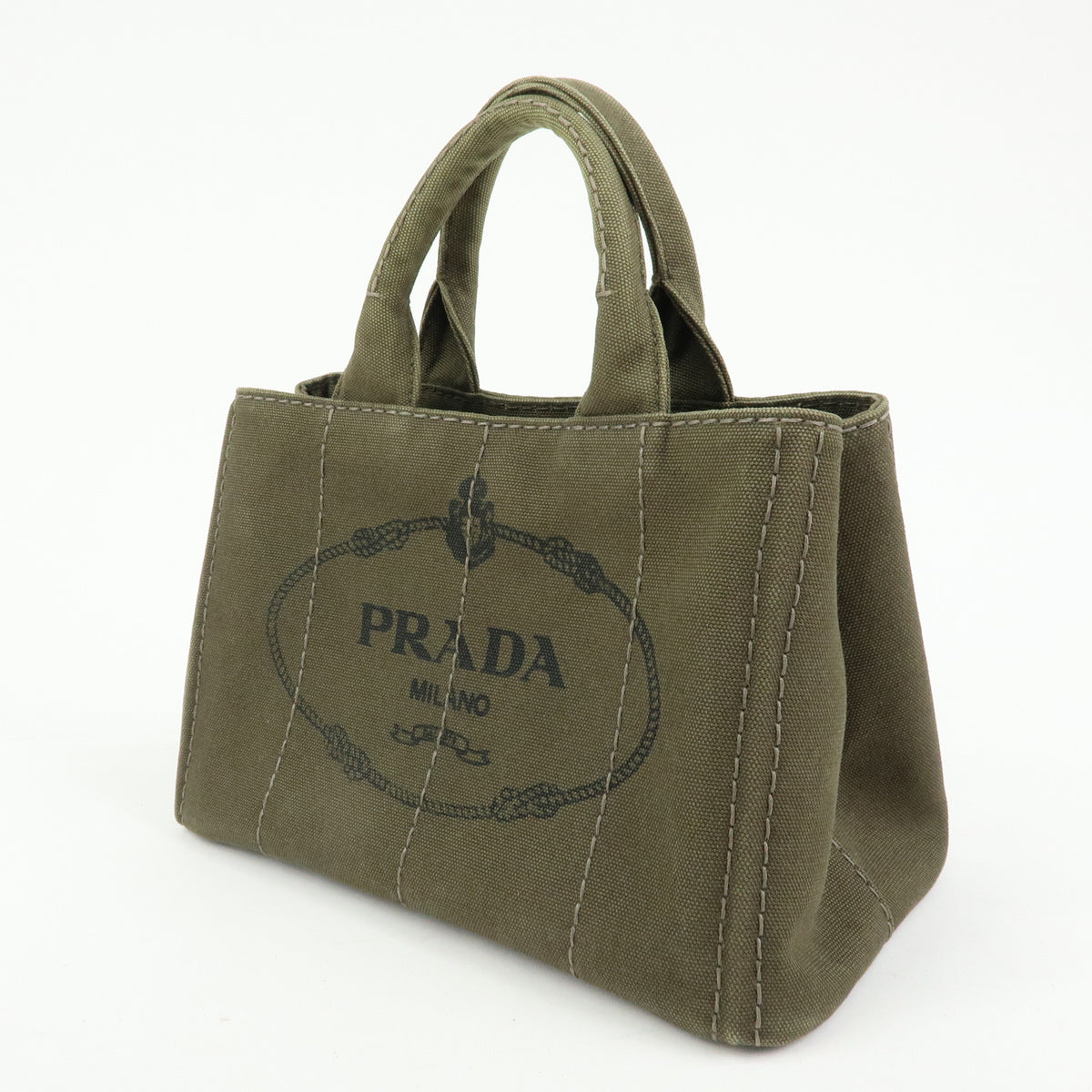 PRADA Triangle Logo Canapa Mini Canvas Tote Bag Hand Bag Khaki BN2439