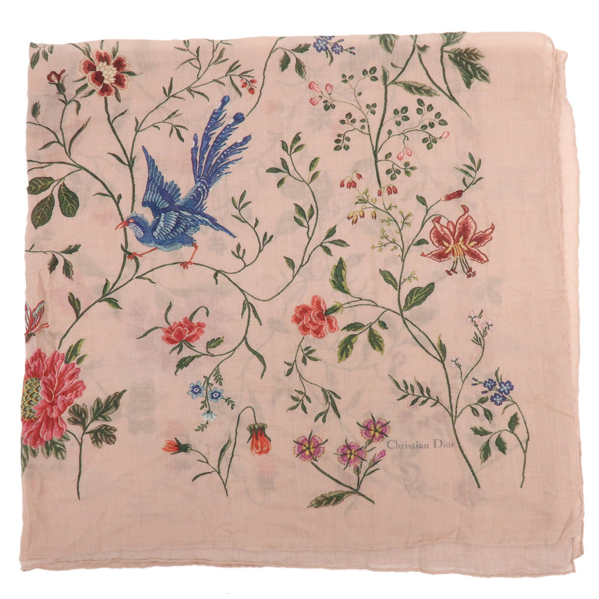 Christian Dior Cashmere 100% Scarf Bird Floral Pink Green Blue Red