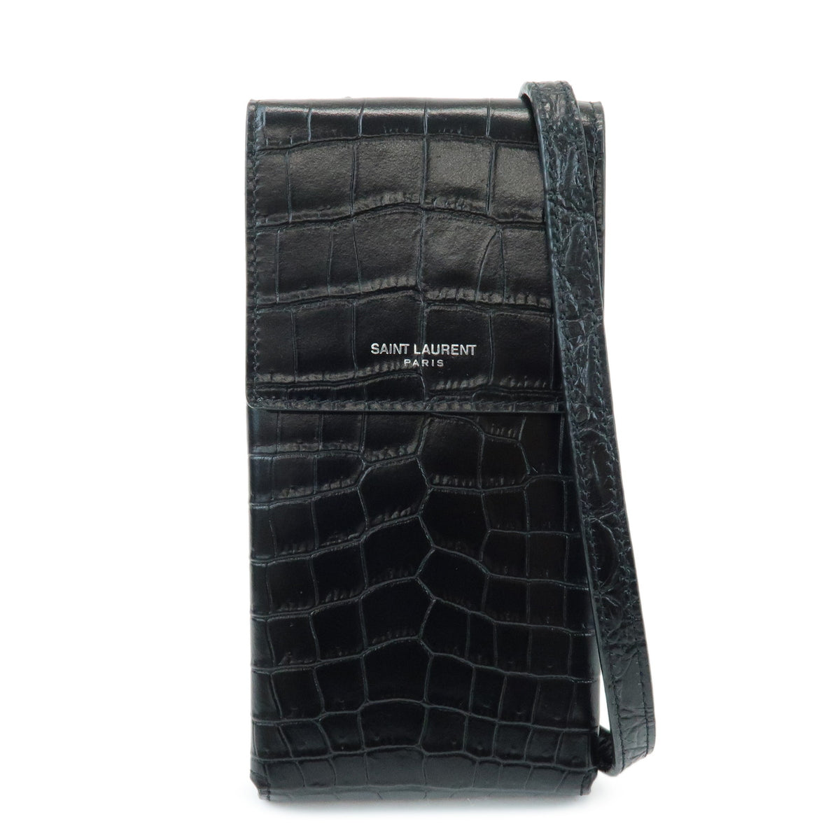 SAINT LAURENT PARIS Embossed Leather Logo Phone Case Black 667713 DZE0E
