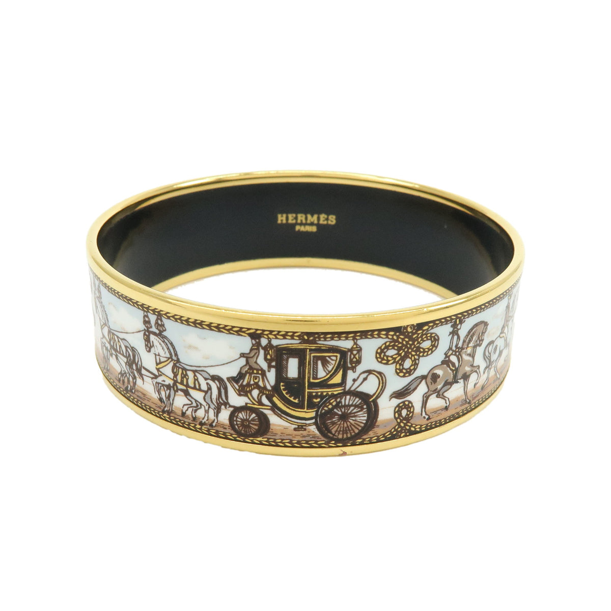 HERMES Email GM Gold Plated Bangle Bracelet Carriage Light Blue White