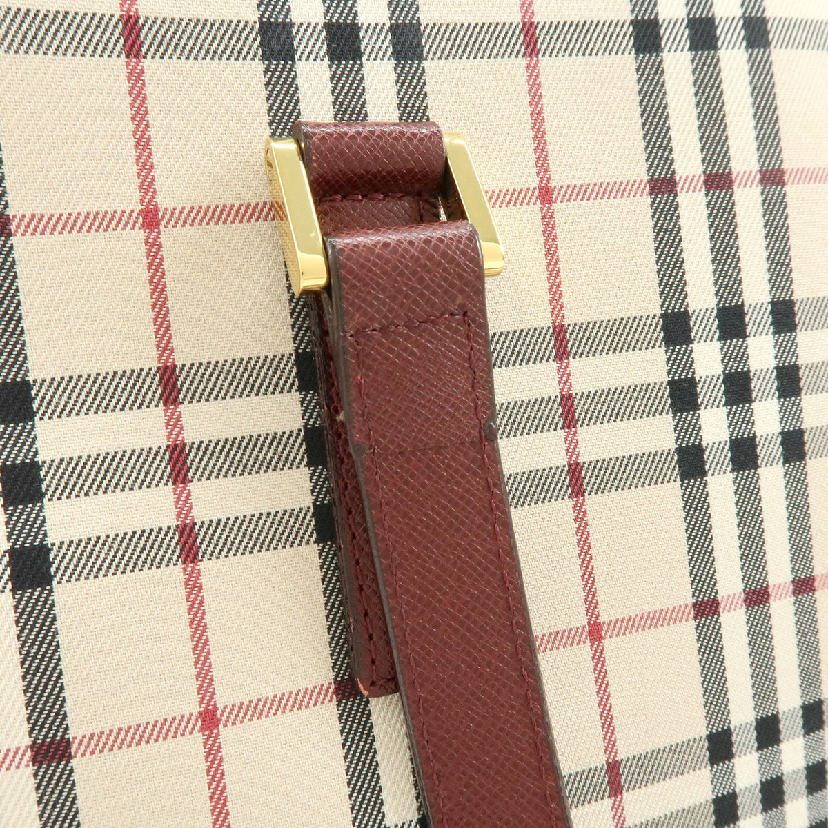 BURBERRY Nova Plaid Canvas Leather Tote Bag Shoulder Bag Beige Wine Red