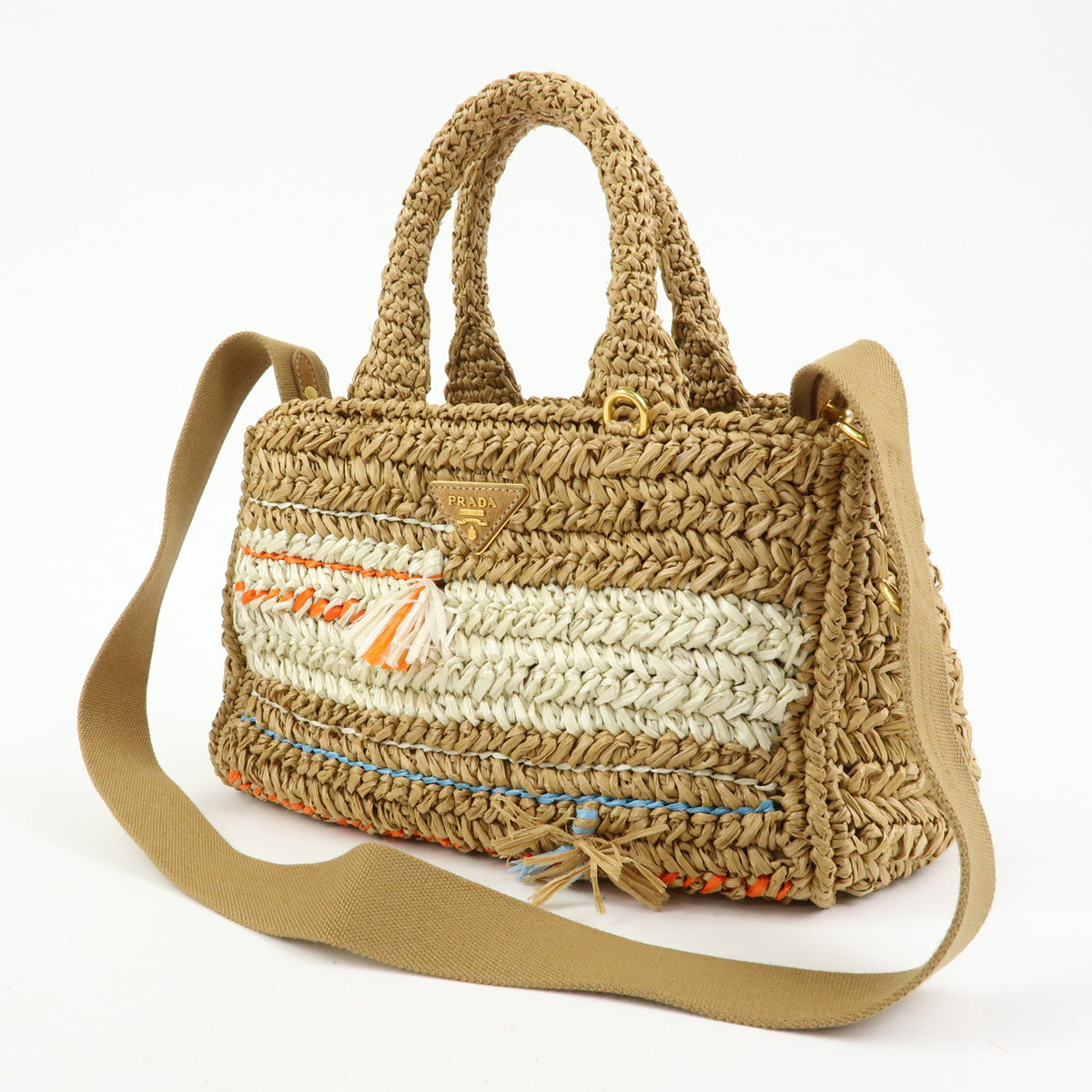 PRADA Canapa Triangle Logo Tricot Raffia 2Way Bag Camel Orange 1BG153