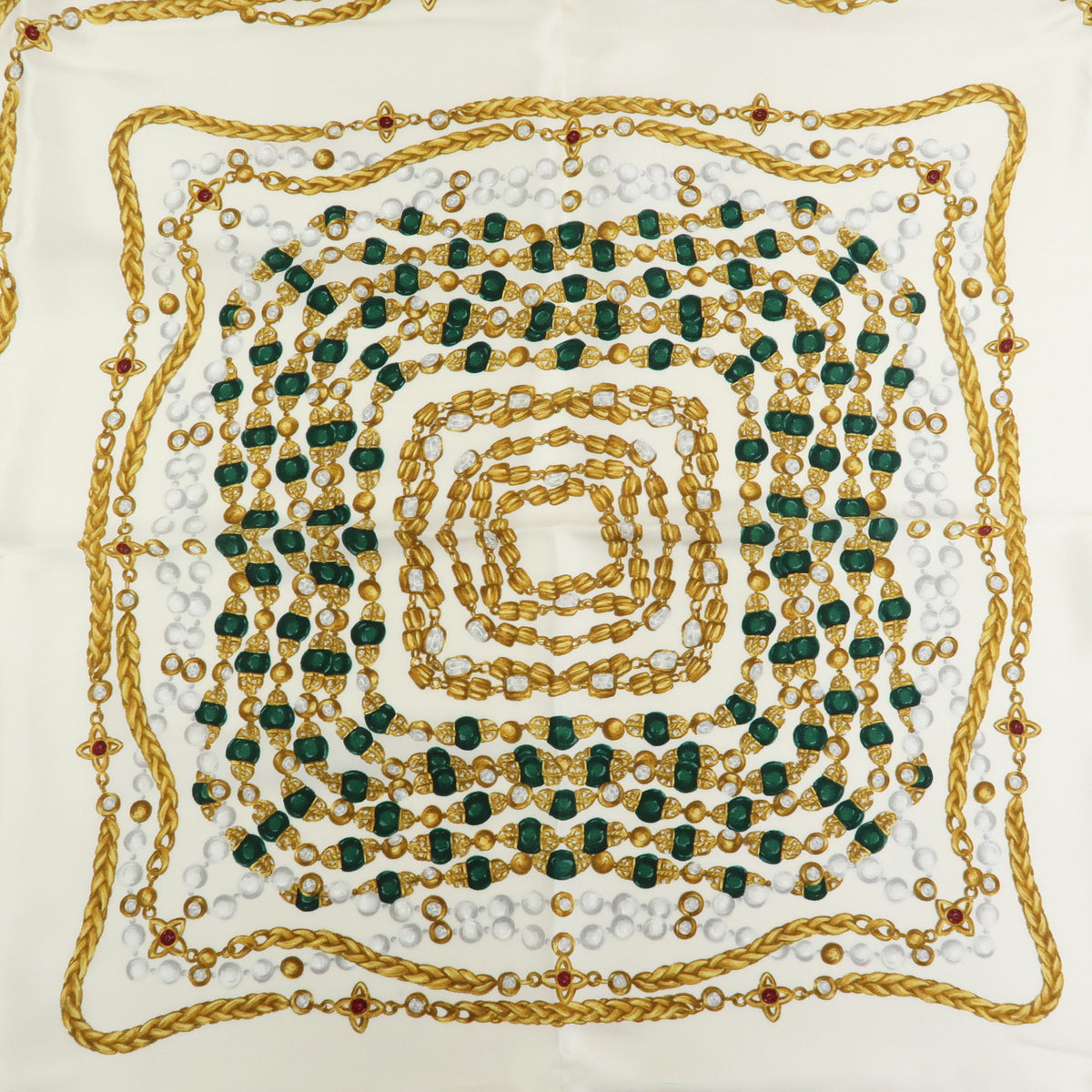 CHANEL Silk 100% Scarf Chain Print White Yellow
