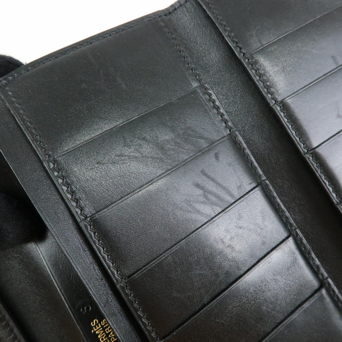 HERMES Bearn Leather Bi-fold Long Wallet □I Stamped Black Gold
