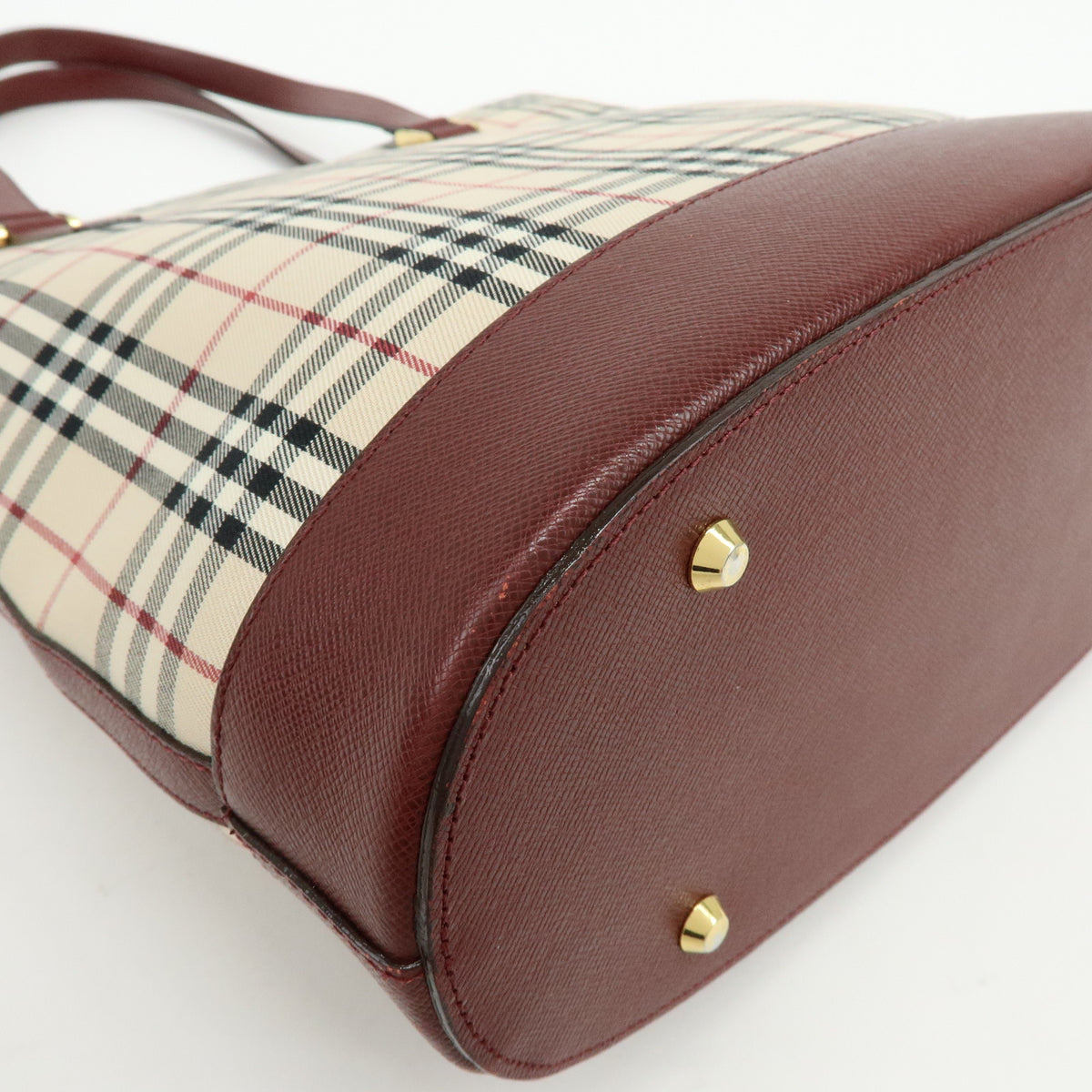BURBERRY Nova Plaid Canvas Leather Tote Bag Shoulder Bag Beige Wine Red