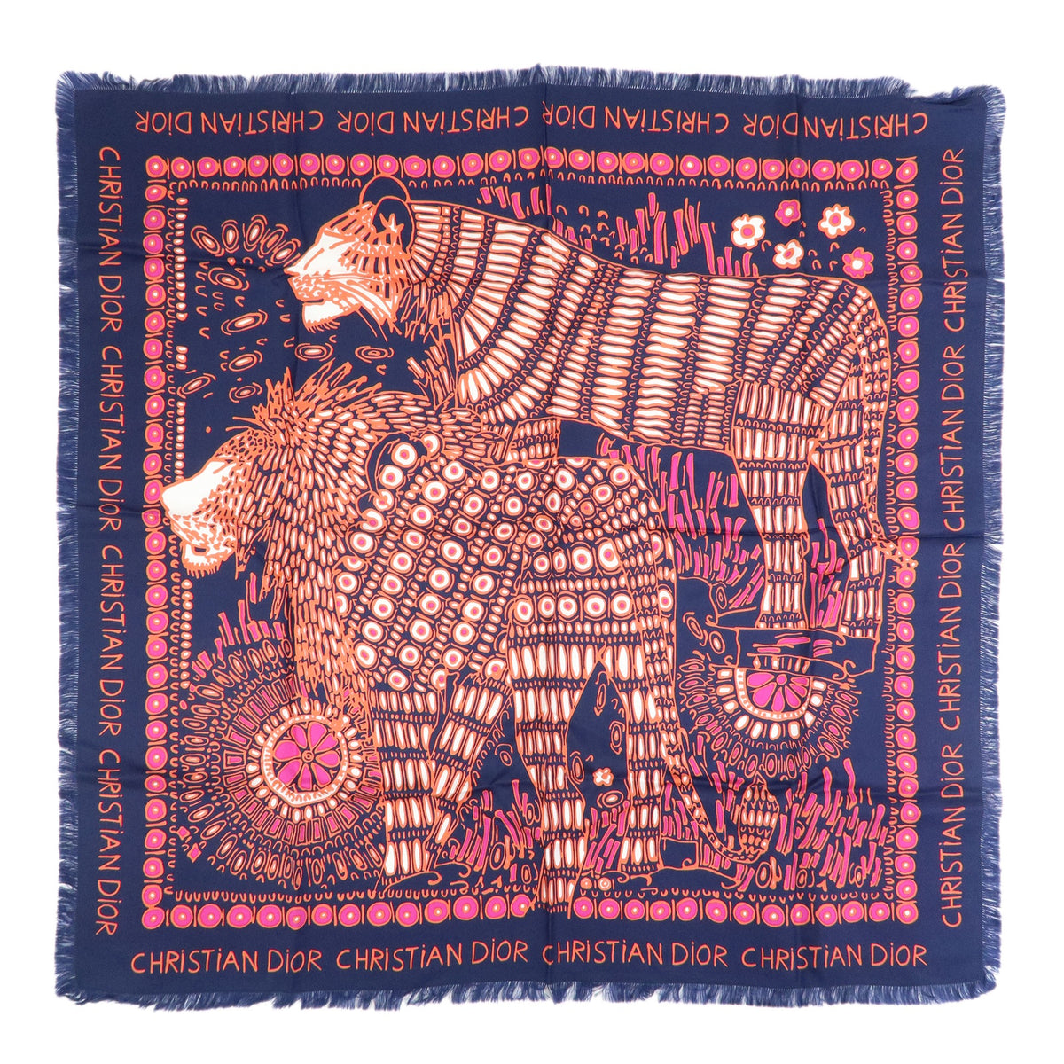 Christian Dior Silk 100% Lion Geometric pattern Scarf Navy