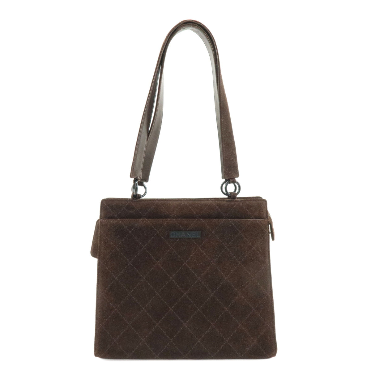 CHANEL Logo Plate Quilting Suede Leather Shoulder Bag Dark Brown Black