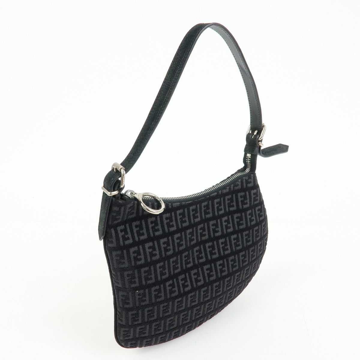FENDI Zucchino Canvas Leather Shoulder Bag Hand Bag Black 8BR248