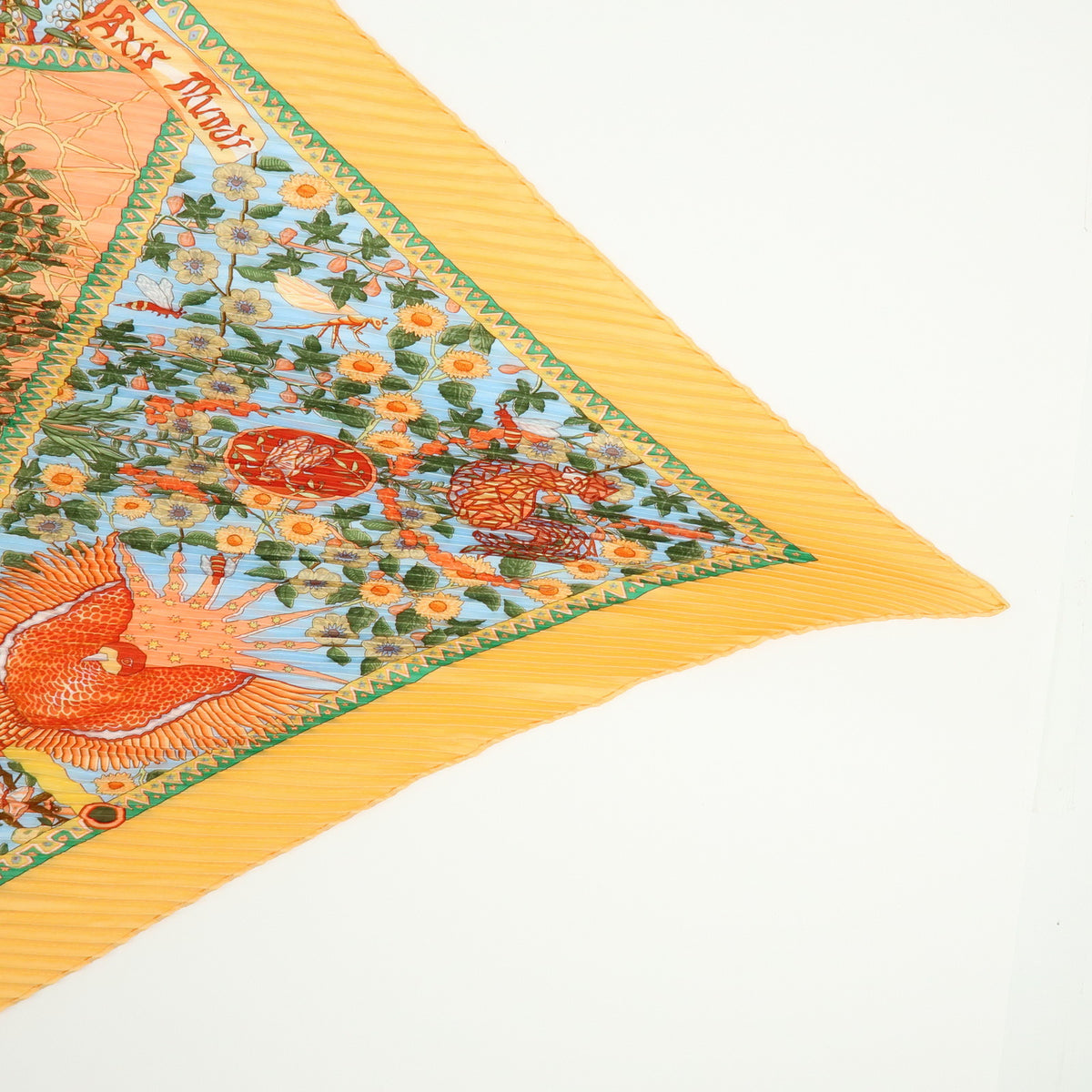 HERMES Pleated Carre Silk 100% Scarf AXIS MUNDI Orange