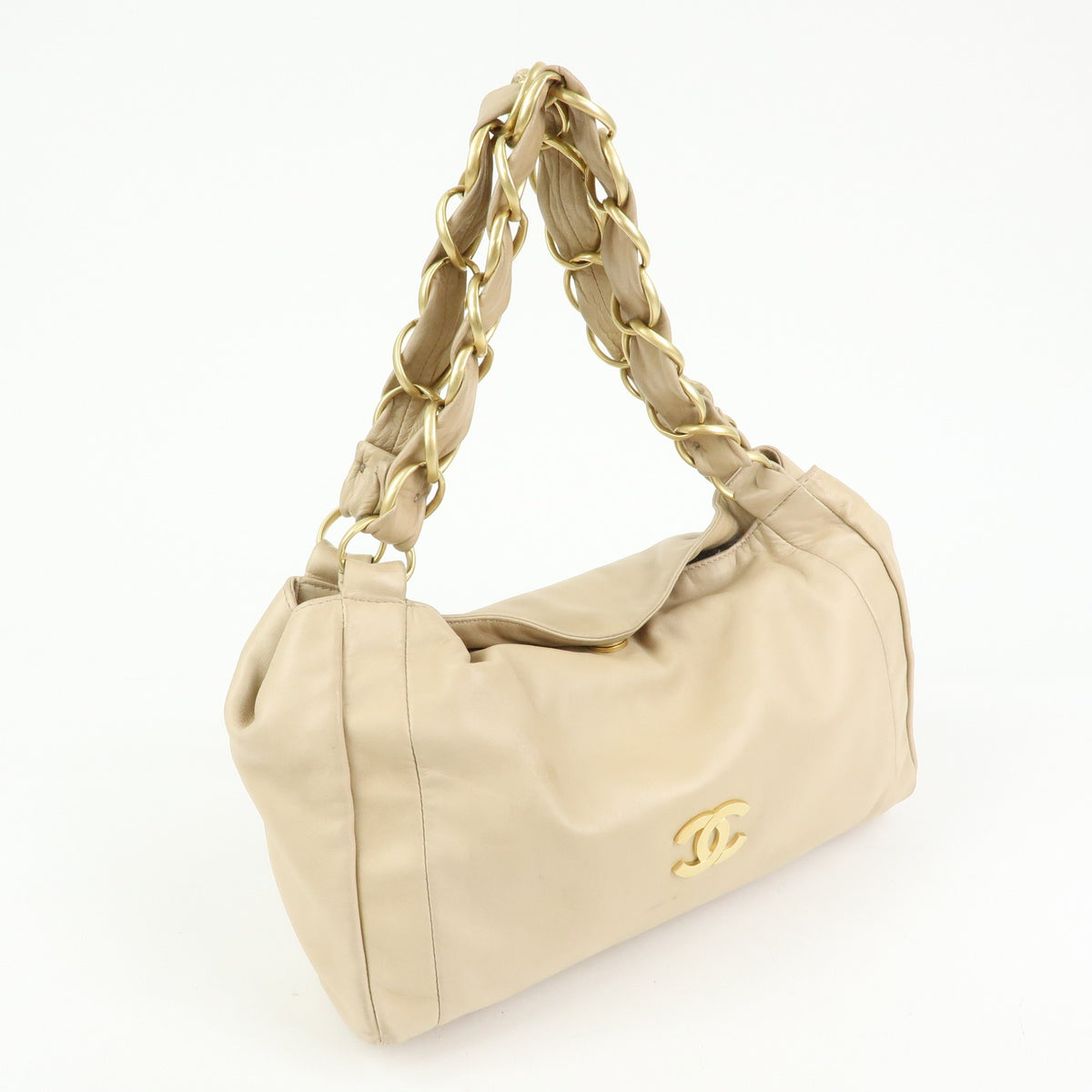 CHANEL COCO Mark Lamb Skin Chain Shoulder Bag Hand Bag Beige