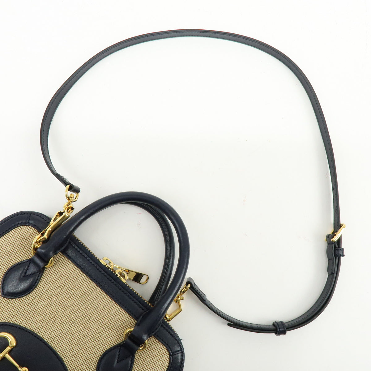 GUCCI Horsebit 1955 Small Top Handle 2Way Hand Bag Beige Navy 621220