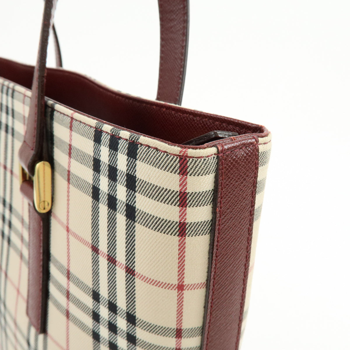 BURBERRY Nova Plaid Canvas Leather Tote Bag Shoulder Bag Beige Wine Red