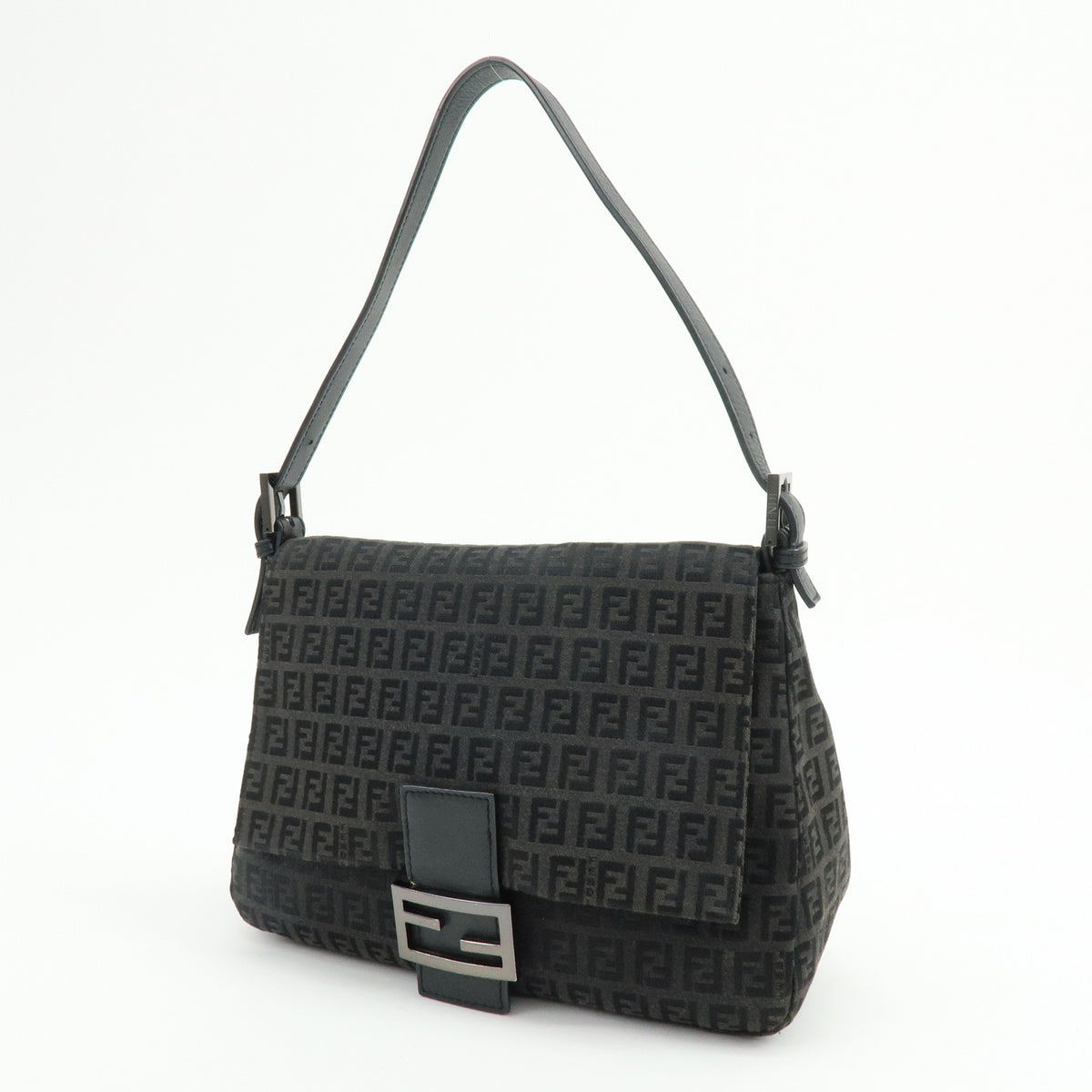 FENDI Mamma Baguette Zucchino Canvas Leather Shoulder Bag Black 8BR001