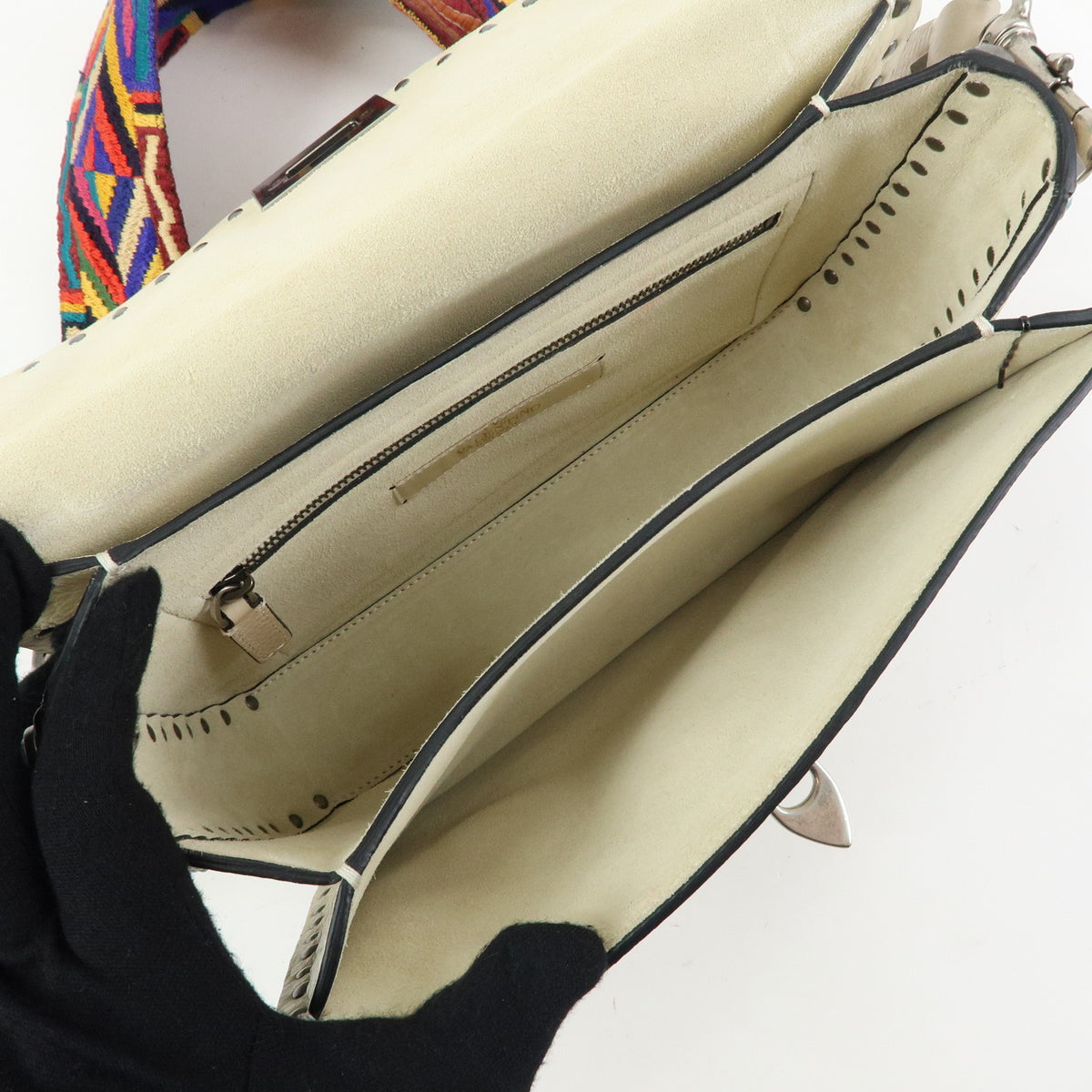 VALENTINO Rockstuds Rolling Guitar Strap Leather Shoulder Bag Ivory