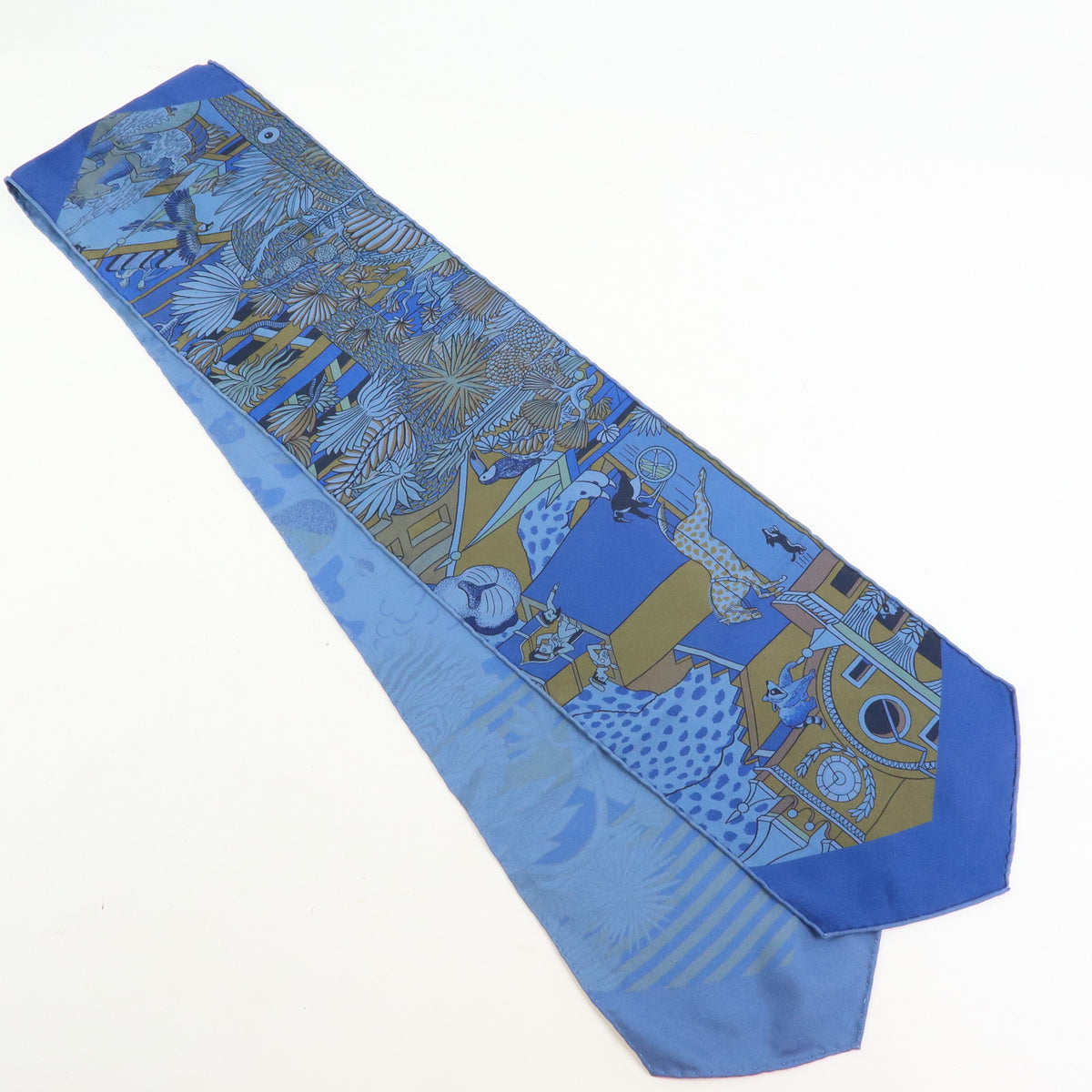 HERMES Maxi Twilly Silk 100% Scarf ANIMAPOLIS Blue Beige Black