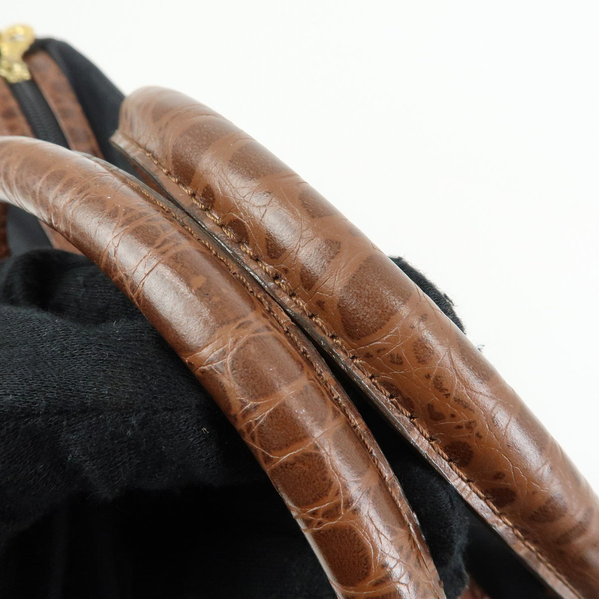 BALENCIAGA Nylon Embossed Leather Boston Bag Black Brown