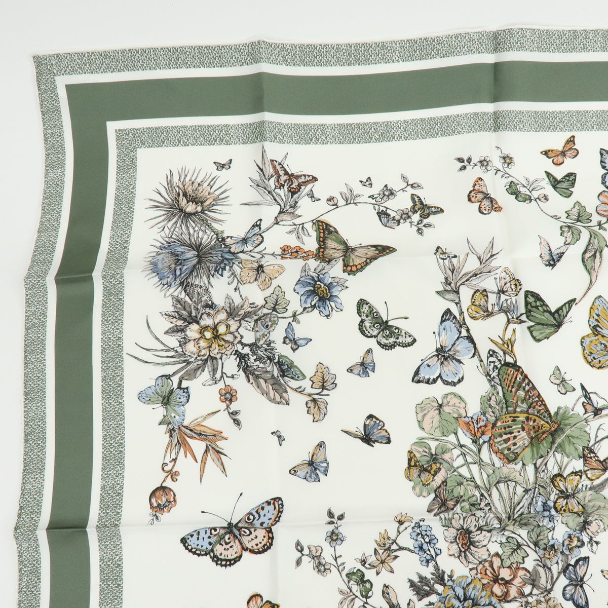Christian Dior Silk 100% Butterfly Flower Motif Scarf Shawl Sage Green