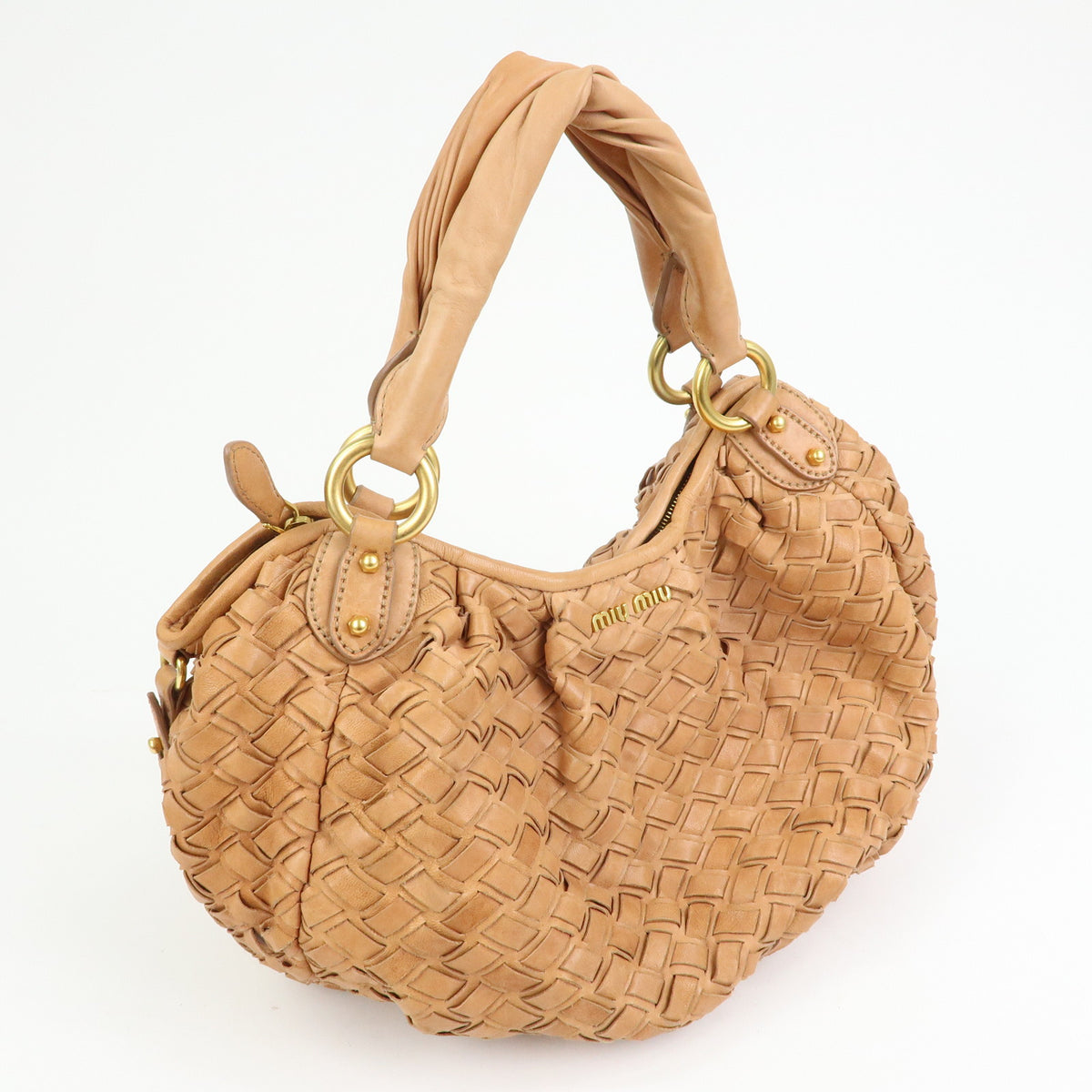 MIU MIU Leather Blaid Shoulder Bag Hand Bag Brown