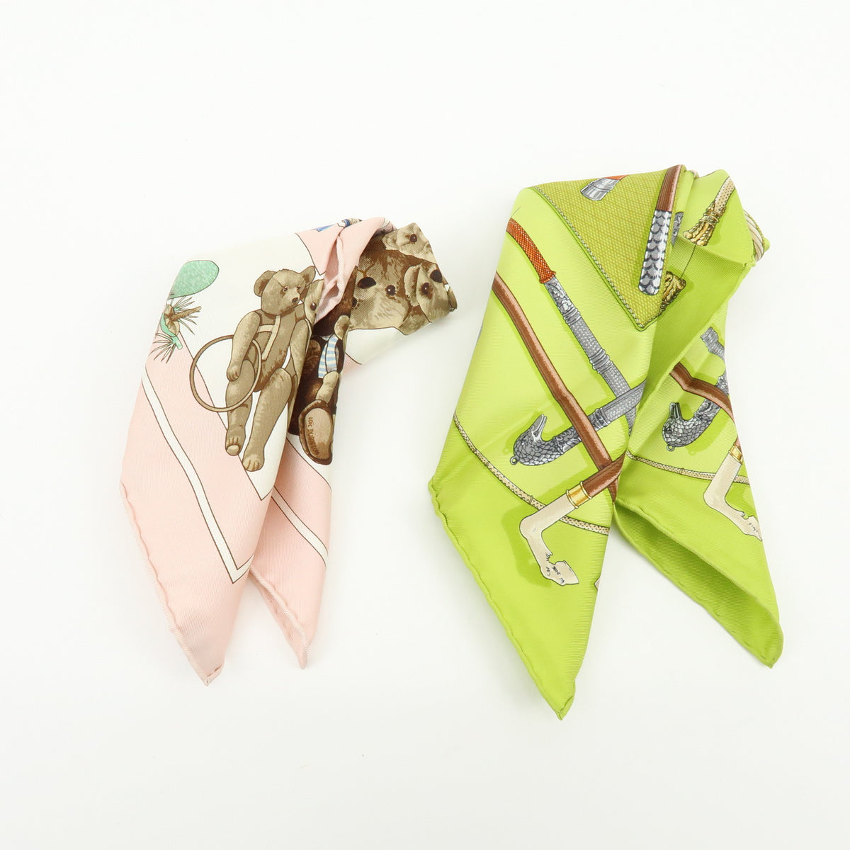 HERMES Carre 45 Lot of 2 Silk 100% Scarf Light Pink Light Green Brown