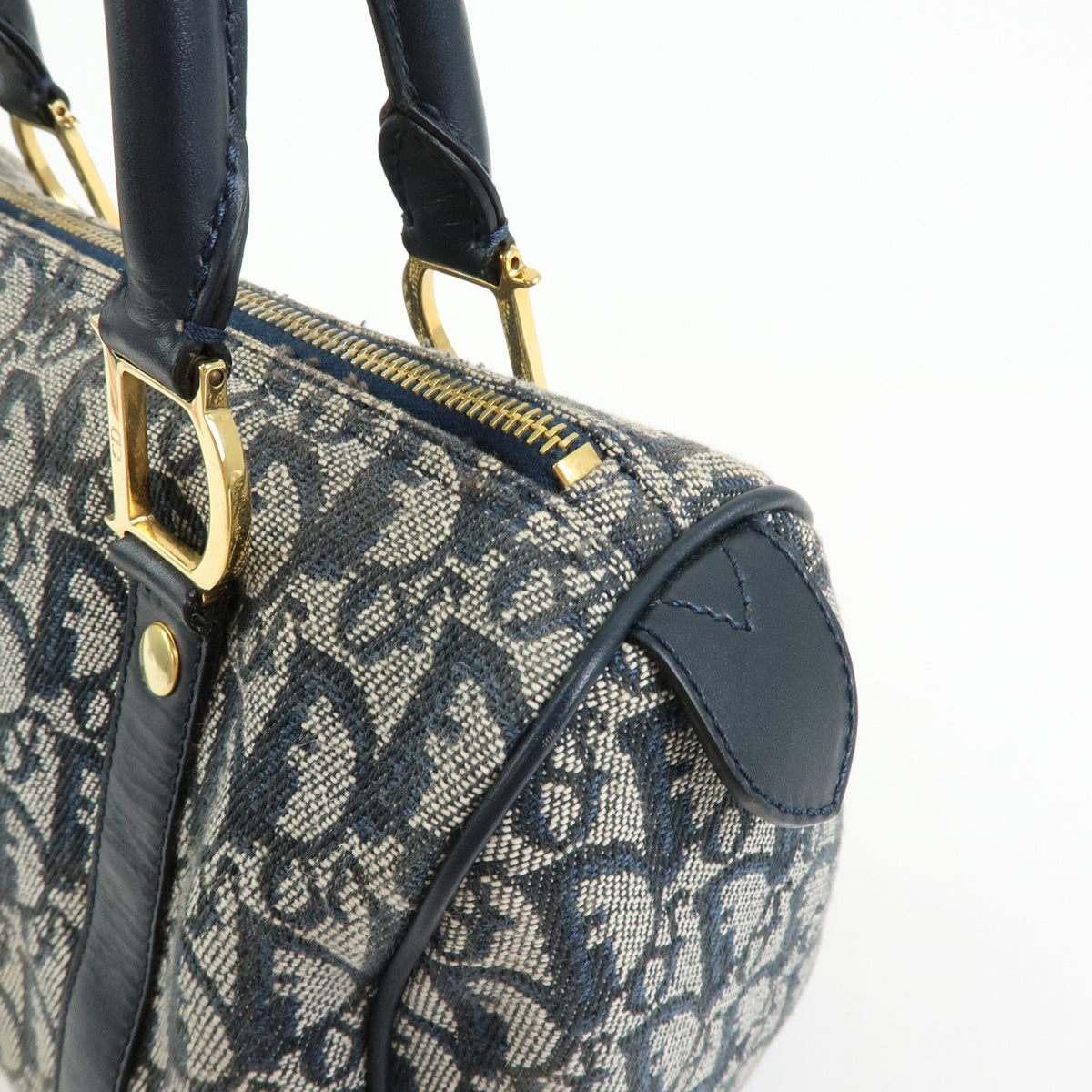 Christian Dior Trotter Jacquard Canvas Leather Boston Bag Hand Bag Navy
