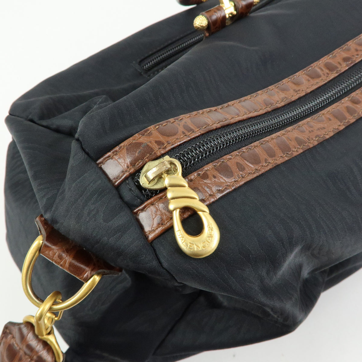 BALENCIAGA Nylon Embossed Leather Boston Bag Black Brown