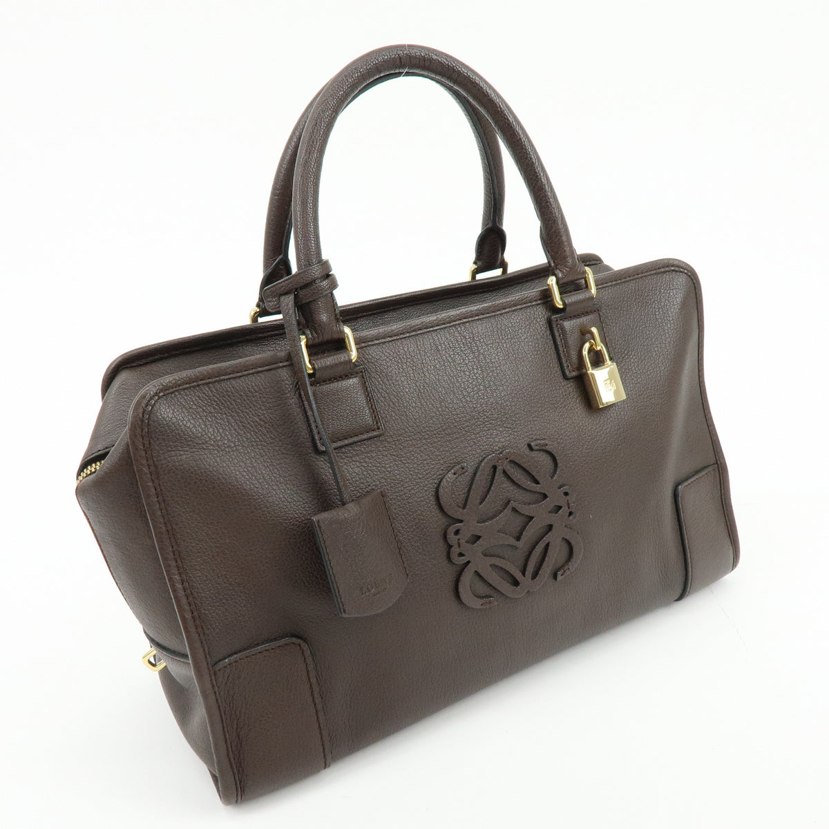 LOEWE Anagram Amazona 35 Leather Boston Bag Hand Bag Dark Brown