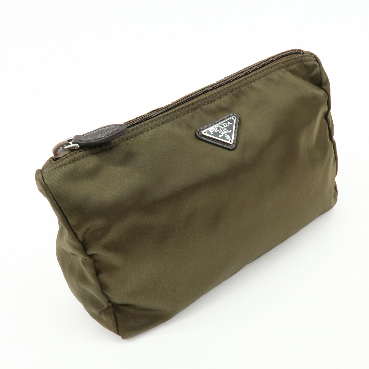 PRADA Triangle Logo Nylon Cosmetic Pouch Makeup Case Khaki Brown 1NA012