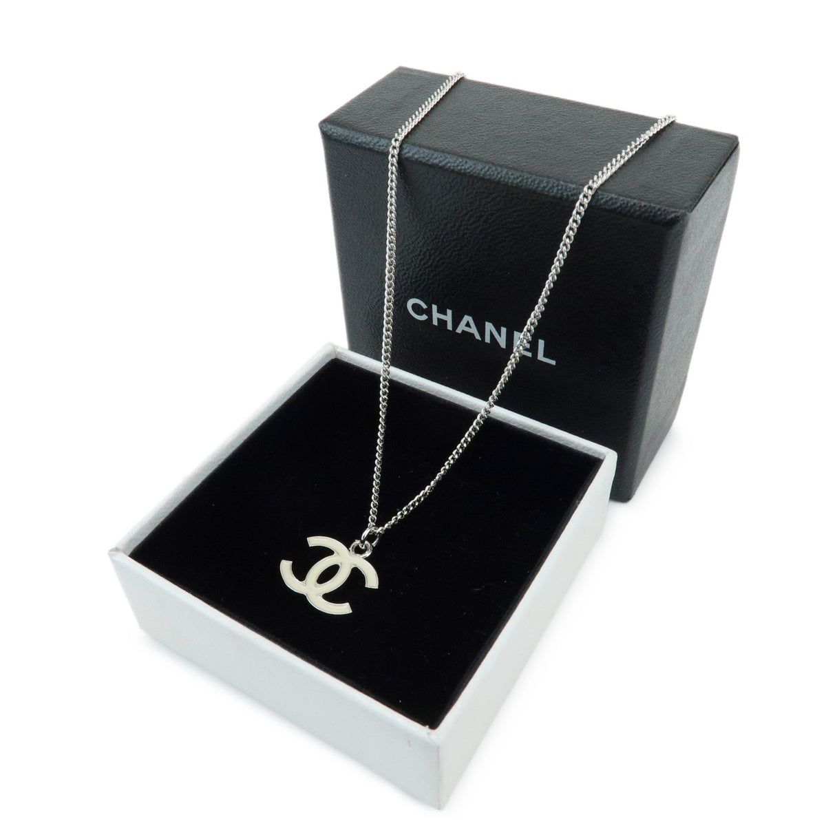 CHANEL COCO Mark Metal Necklace Silver Off White A26877