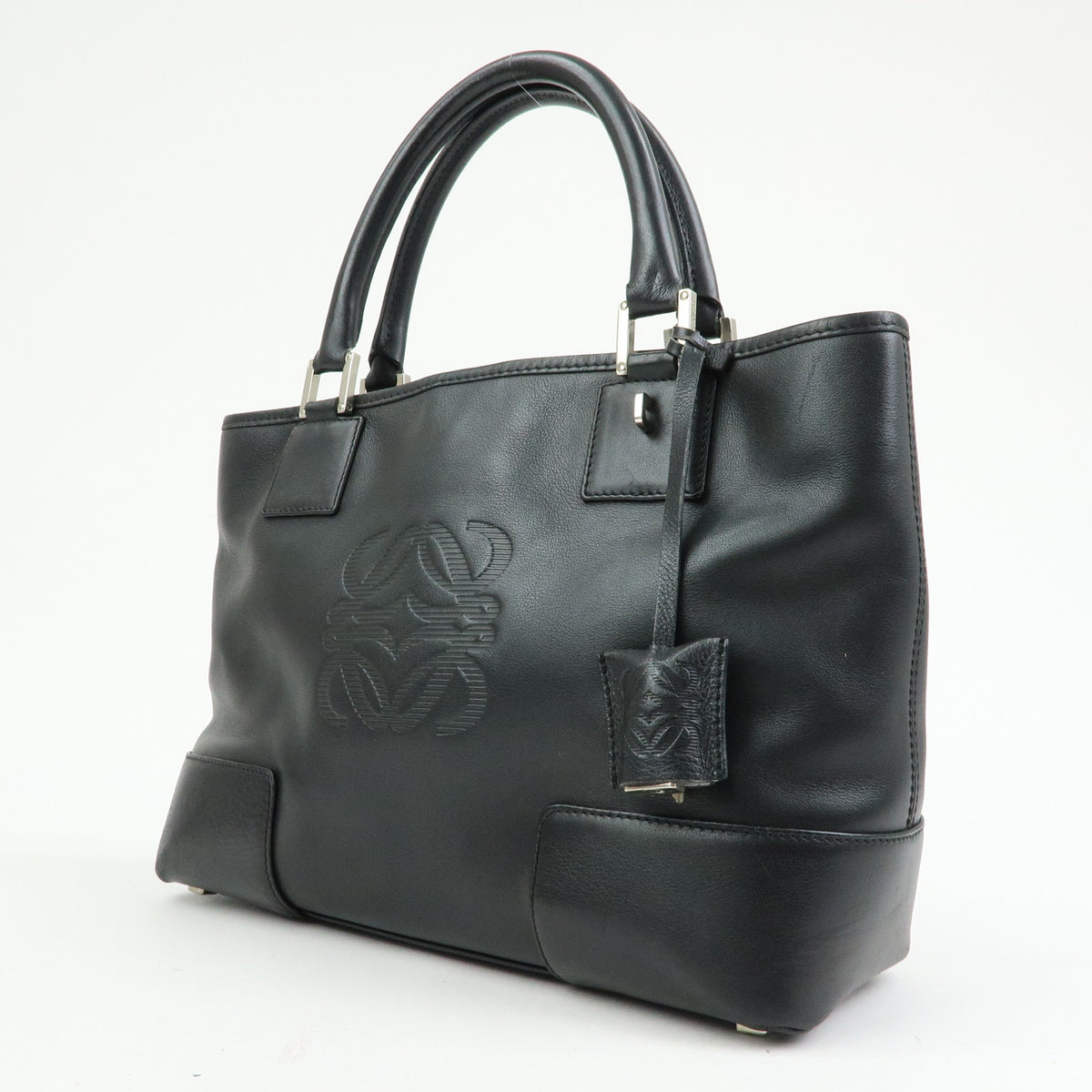 LOEWE Anagram Amazona Fusta Leather Tote Bag Hand Bag Black Silver