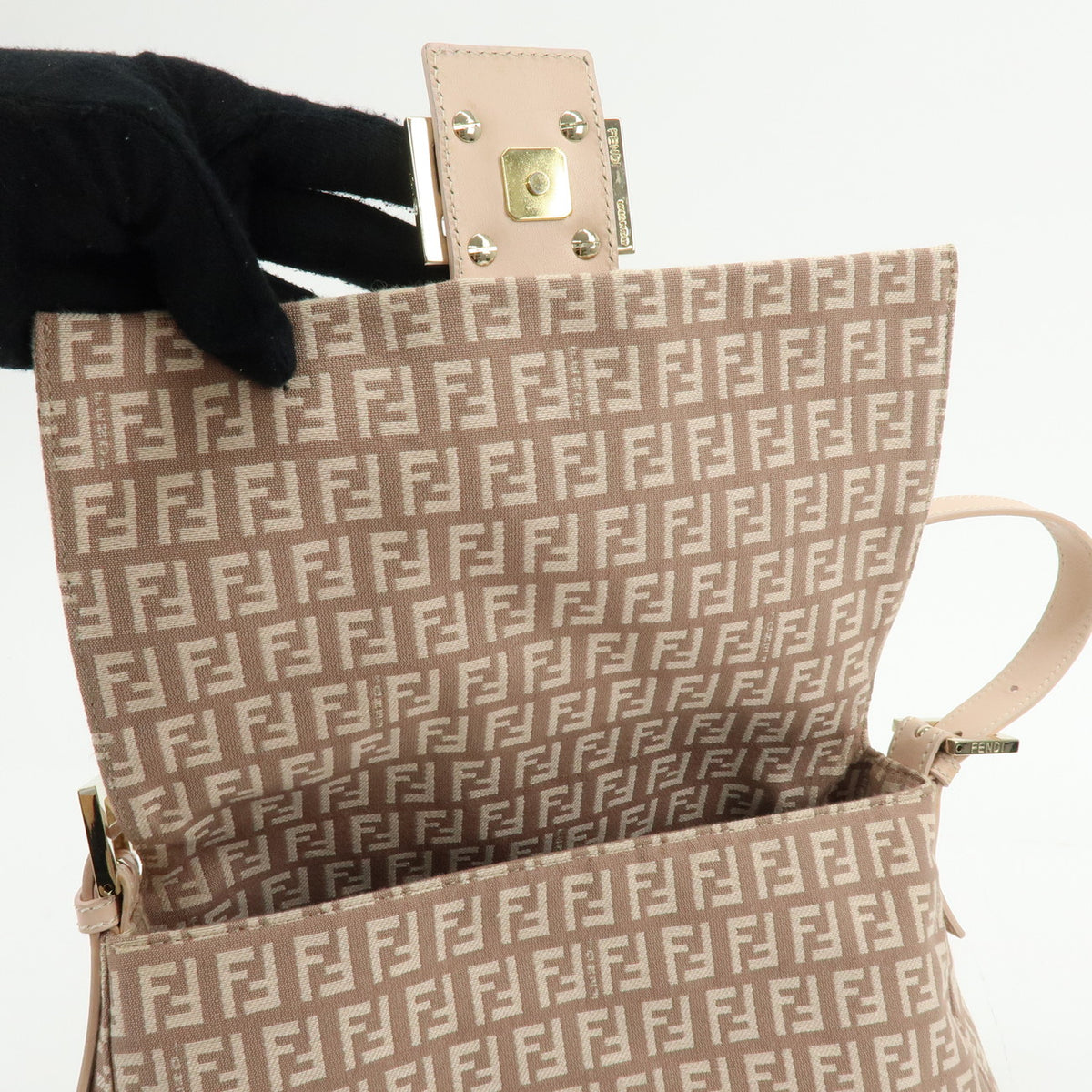 FENDI Mamma Baguette Zucchino Canvas Leather Shoulder Bag Pink 8BR001