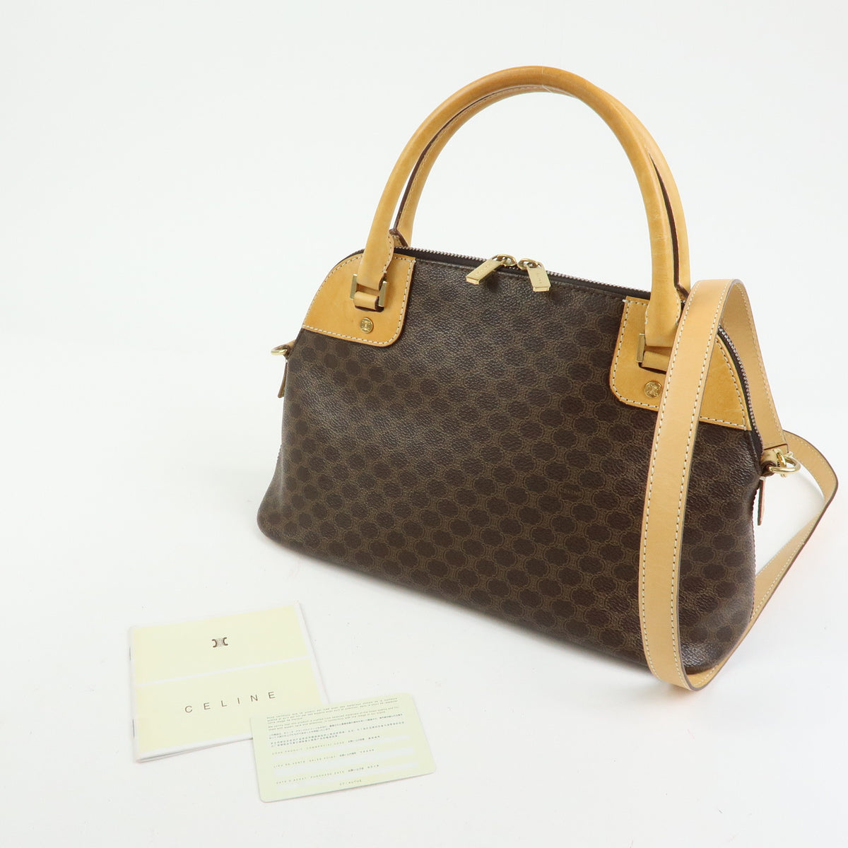 CELINE Macadam PVC Leather 2Way Bag Hand Bag Shoulder Bag Brown Beige
