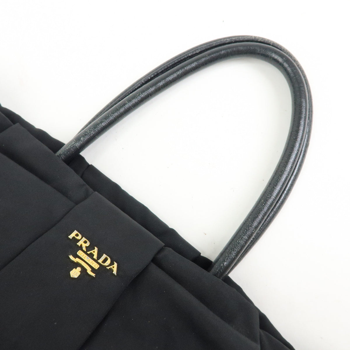 PRADA Nylon Leather Ribbon Hand Bag Tote Bag Black BN1601