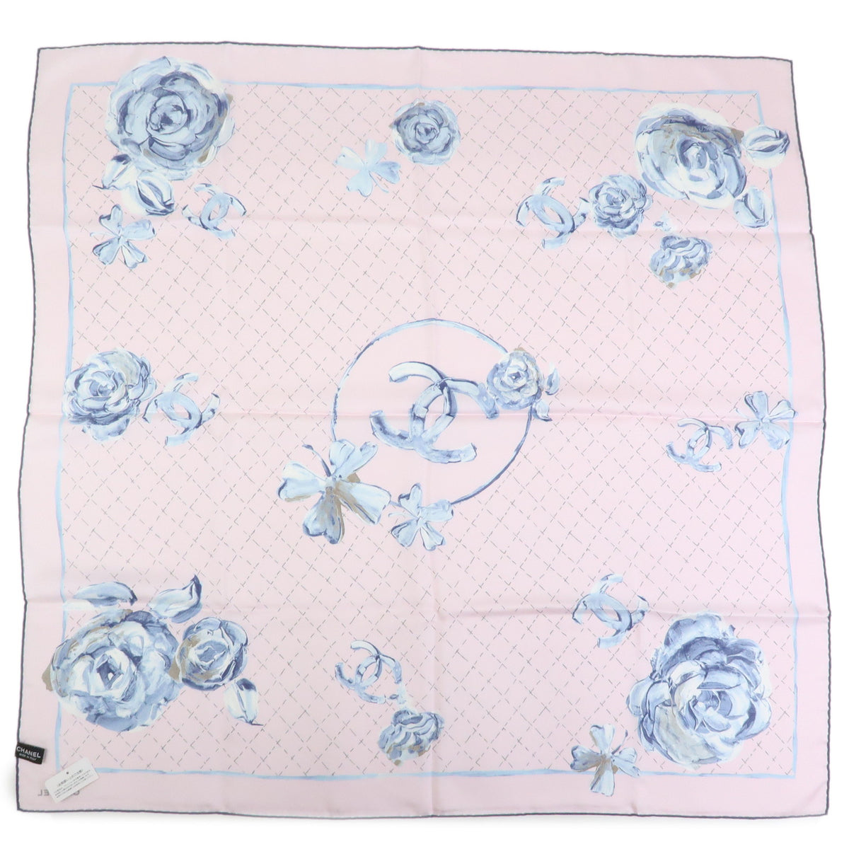 CHANEL COCO Mark Silk 100% Scarf Flower Rose Pink Blue