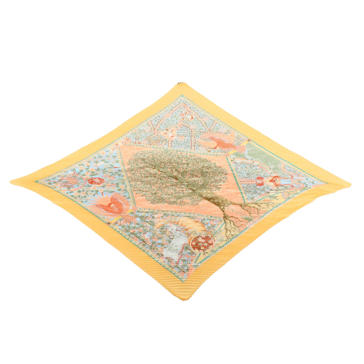 HERMES Pleated Carre Silk 100% Scarf AXIS MUNDI Orange